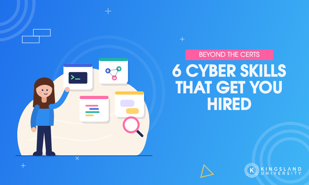 Illustration of a job candidate standing next to a board of skill cards including a terminal, a network diagram, and a magnifying glass, with the headline 6 Cyber Skills That Get You Hired.